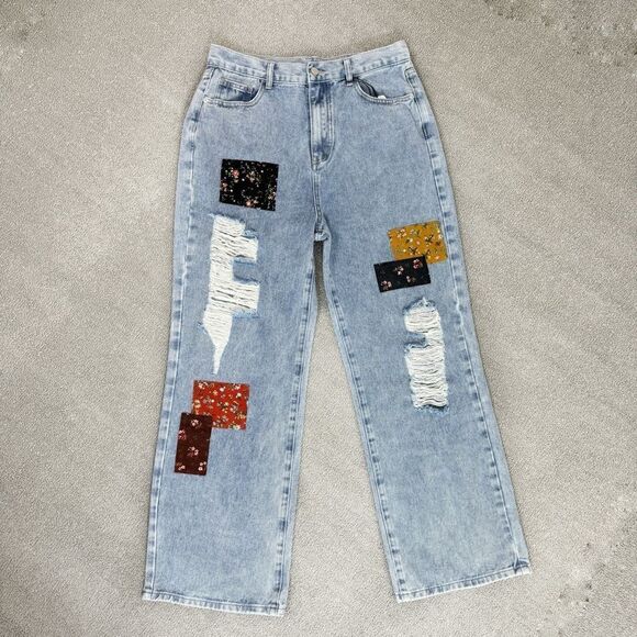 Cider Distressed Patchwork Wide Leg Crop Jeans Blue XL 10 - Picture 3 of 15